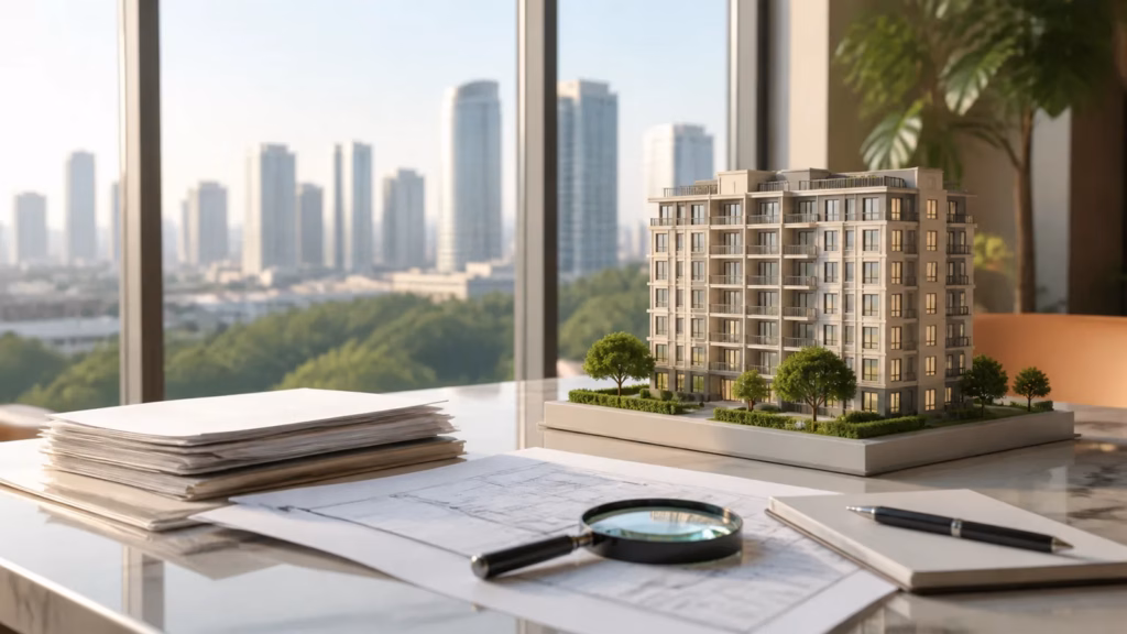 Apartment model, plans and magnifying glass arranged for property due diligence