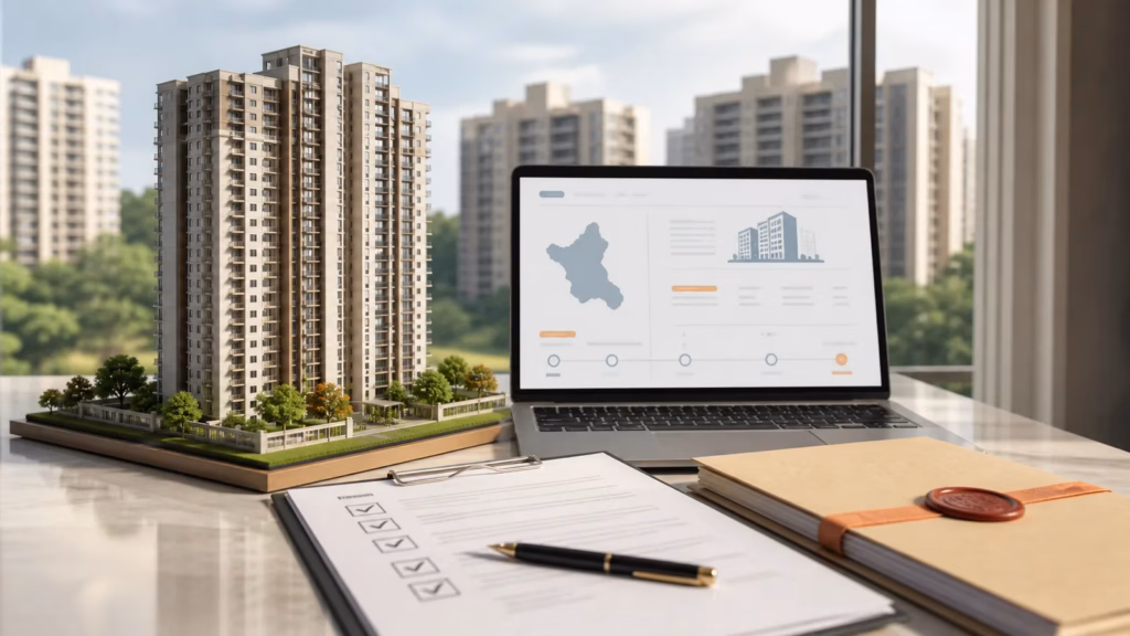 Residential tower model beside a digital project-verification checklist