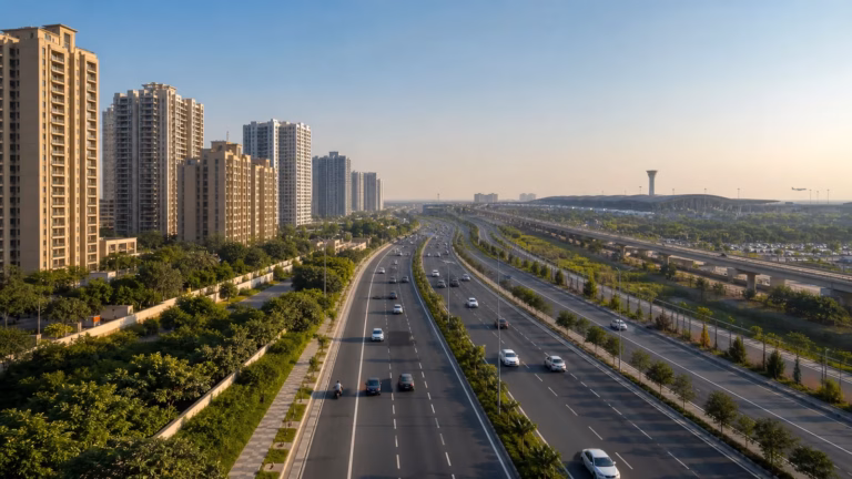 Modern expressway corridor passing residential towers in Gurugram