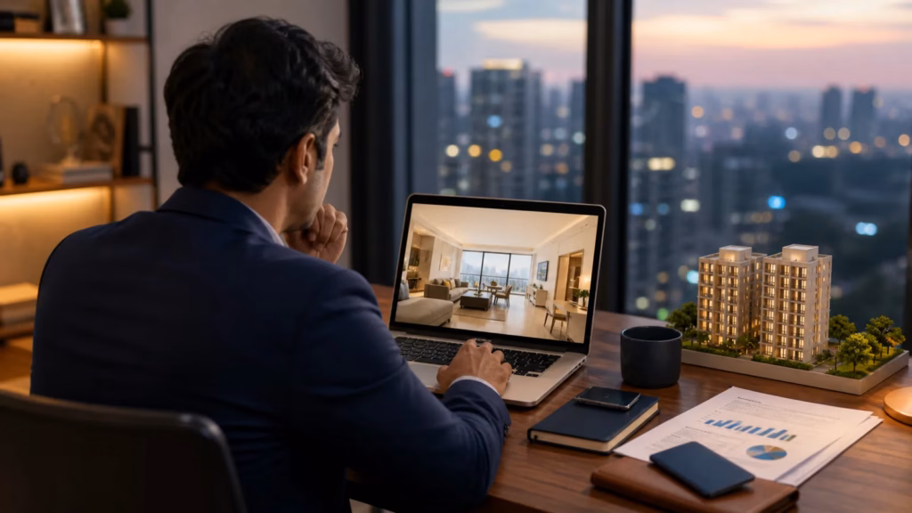 Overseas buyer reviewing a Gurugram apartment remotely on a laptop