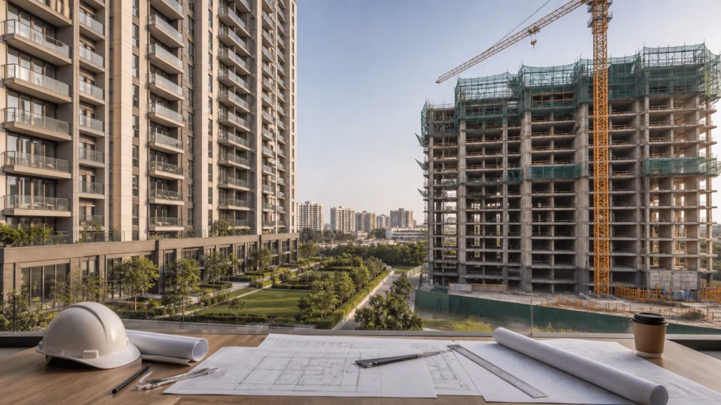 Completed residential tower compared with a tower under construction