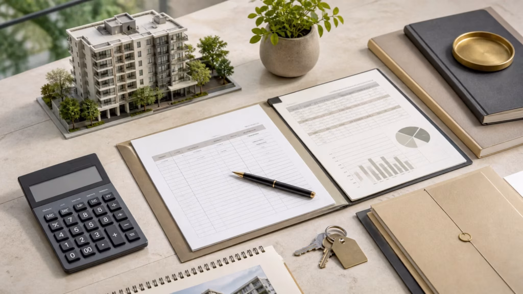 Calculator, keys, payment schedules and apartment model on a planning desk