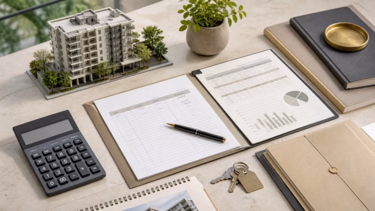 Calculator, keys, payment schedules and apartment model on a planning desk