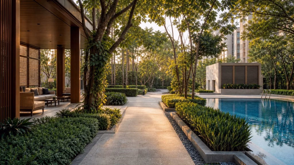 Landscaped residential path, lounge and lap pool in a well-managed development