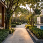 Landscaped residential path, lounge and lap pool in a well-managed development