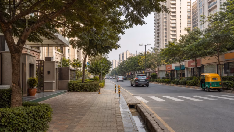 Shaded Gurugram residential street with towers, retail and pedestrian access