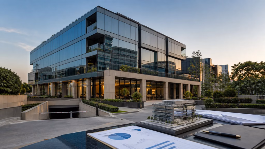 Modern commercial building with an architectural model and occupancy analysis