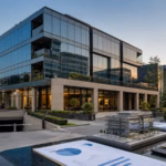 Modern commercial building with an architectural model and occupancy analysis